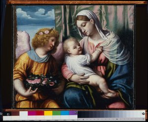 Madonna med barn og en engel av Alessandro Bonvicino Moretto