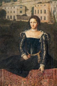 Portrett av en adelskvinne, detalj av Small Room of the Noble Ladies (olje på lerret limt til veggene) av Alessandro Bonvicino Moretto