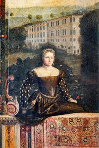 Portrett av en adelskvinne, detalj av Small Room of the Noble Ladies (olje på lerret limt til veggene) av Alessandro Bonvicino Moretto