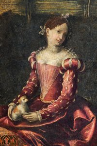 Portrett av en adelskvinne, detalj av Small Room of the Noble Ladies (olje på lerret limt til veggene) av Alessandro Bonvicino Moretto