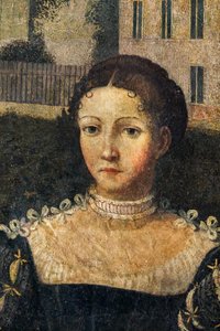 Portrett av en adelskvinne, detalj av Small Room of the Noble Ladies (olje på lerret limt til veggene) av Alessandro Bonvicino Moretto