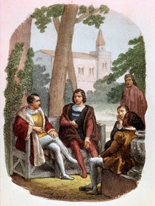 Fabrizio Colonna og Cosimo Rucellai diskuterer krigskunsten - i "" Complete Works by Niccolo Machiavelli", illustrasjon av Alessandro Focosi (1836 - 1869). "Krigens kunst" av Niccolo di Bernardo dei Machiavelli (Nicolas Machiavel