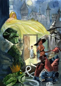 Et barn som stirrer på karakterene i eventyrene som puss i støvler, en prinsesse og en padde, Seven Dwarfs av Alessandro Lonati