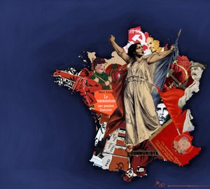 En mariana mot en bakgrunn av kommunistisk collage. Allegori om kommunismen i Frankrike. 2010 Fargetegning av Alessandro Lonati. av Alessandro Lonati