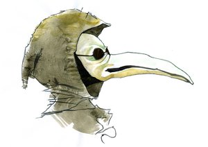 En pestdoktor iført en nebblignende maske som var fylt med aromatiske gjenstander av Alessandro Lonati