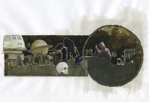Alkymist i laboratoriet sitt omgitt av ampuller og stillbilder Illustrasjon av Alessandro Lonati av Alessandro Lonati