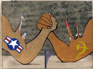 Allegorisk representasjon av den kalde krigen som en armbryting mellom væpnede styrker i Amerika og Sovjetunionen Illustrasjon av Alessandro Lonati