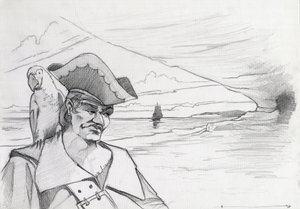 Karibisk pirat med papegøye på jakt etter en skatt i en hule på en strand, med gallion. Tegning av Alessandro Lonati. av Alessandro Lonati
