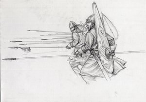 Ansvar for normanniske krigere av infanteriet i slaget ved Hastings i 1066. Tegning av Alessandro Lonati. av Alessandro Lonati