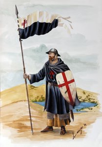 Korstog: en ridder av Templarordenen iført svart kjole med Røde Kors. Illustrasjon av Alessandro Lonati av Alessandro Lonati