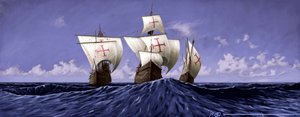 Oppdag Amerika: «Pinta», «Nina» og «Santa Maria», karavellene til Christopher Columbus under ekspedisjonen i 1492. Illustrasjon av Alesandro Lonati. 2010 av Alessandro Lonati