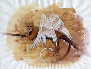 Fabelaktig skapning: representasjon av en kimær, fantastisk løvehodedyr, geitekropp og slangehale. Tegning av Alessandro Lonati av Alessandro Lonati