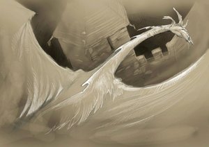 Fantastisk skapning: en drage som flyr over et slottstårn Tegning av Alessandro Lonati av Alessandro Lonati