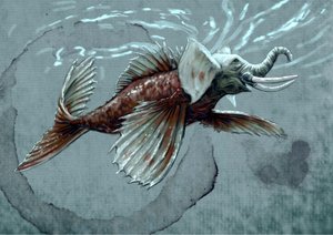 Fantastiske monstre og skapninger, kryptozoologi: representasjon av et makara, vanndyr fra det mytologiske bestiariet i India, den har en snabel som bringer den nærmere sjøelefanten, krokodillens tann og en fiskehale - Tegning av Alessandro Lon