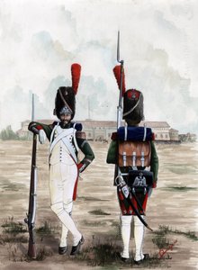 First Empire (1804-1814 og 1815): Grenadersoldater fra Royal Guard of the Great Napoleonic Armee på torget til Sforzesco Castle i Milano, Italia. Tegning av Alessandro Lonati av Alessandro Lonati