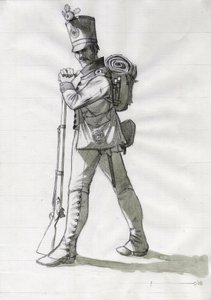 First Empire (1804-1814 og 1815): kostyme til en infanterisoldat fra linjeinfanteriet til den østerriksk-ungarske (østerriksk-ungarske) hæren. Tegning av Alessandro Lonati av Alessandro Lonati