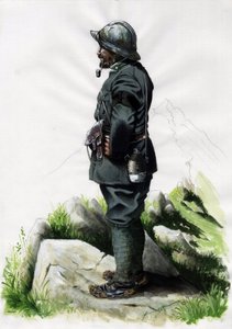 Første verdenskrig 1914-1918: Alpine jegeroffiser (alpejeger) av den italienske hæren på Front des Alpes. Tegning av Alessandro Lonati av Alessandro Lonati