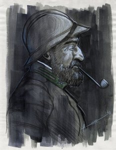 Første verdenskrig 1914-1918: Profilportrett av en soldat fra den italienske hæren som røyker pipe i 1915. Tegning av Alessandro Lonati av Alessandro Lonati
