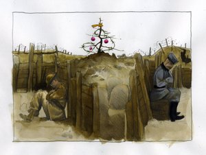 Første verdenskrig: ensomheten til to fiendtlige soldater, britiske (til venstre) og tyske i skyttergraven, ved juletider 1914-1918 Illustrasjon av Alessandro Lonati av Alessandro Lonati