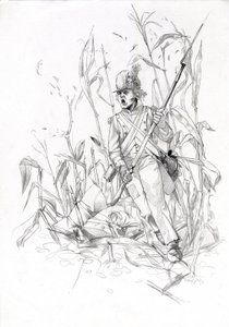 Første imperium (1804-1814 og 1815): soldat fra Napoleon-hæren, infanterist stormet gjennom et maisfelt med en såret kamerat. Tegning av Alessandro Lonati av Alessandro Lonati