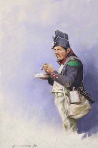 Første imperium: lett infanterisoldat under måltid under en kampanje av Napoleon I (sannsynligvis i Russland) Tidlig på 1800-tallet. Illustrasjon av Alessandro Lonati. 2010 av Alessandro Lonati