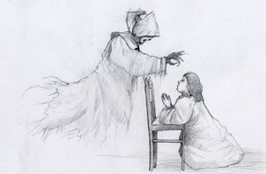 Spøkelset til en eldre nonne med skjeve hender dukker opp for en liten jente som ber Illustrasjon av Alessandro Lonati av Alessandro Lonati