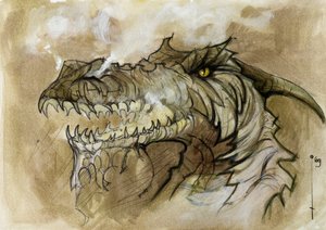 Illustrasjon av et fantastisk og legendarisk dyr: dragehode som avviser røyk gjennom snuten. Fargetegning av Alessandro Lonati. av Alessandro Lonati
