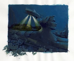 Illustrasjon av myten om øya forsvant under Atlantishavet (Atlantis): en ubåt (ubåt) utforsker bunnen og oppdager ruinene av den legendariske øya. Fargetegning av Alessandro Lonati. av Alessandro Lonati