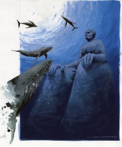 Illustrasjon av myten om øya forsvant under Atlantishavet: hvaler i dypet av havet rundt ruinene av den legendariske øya. Fargetegning av Alessandro Lonati. av Alessandro Lonati