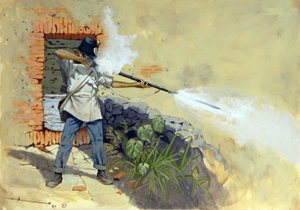 Italiensk kampanje: en østerriksk infanterist som åpner ild i slaget ved Solferino mellom det østerriksk-ungarske riket Francois-Joseph (Francois Joseph) I av Østerrike og den fransk-sardinske koalisjonen av Napoleon III og Victor Emmanuel II (Victor-Emman av Alessandro Lonati