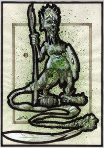 Legendarisk monster for Fantasy-illustrasjon: ansikt til en stammevesen eller kriger med spyd, skjold og fjærhale. Tegning av Alessandro Lonati av Alessandro Lonati