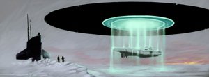 Møte på Nordpolen mellom en U-støvelubåt og en flygende tallerken (UFO, UFO eller romvesen) for å få tilbake en ubåt tatt av romvesener under krigen. Tegning av Alessandro Lonati