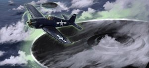 Mystiske fenomener: skildrer forsvinningen av et fly fra den amerikanske marinen i Bermuda-trekanten på 1940-tallet. En legende antyder at det ville være arbeidet til UFOer (UFO eller romvesener) representert her. Tegning av Alessandro Lonati av Alessandro Lonati