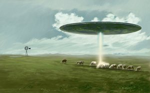 Mystisk fenomen: en flygende tallerken (alien eller UFO eller UFO) som fjerner en sau (bortføring). Tegning av Alessandro Lonati