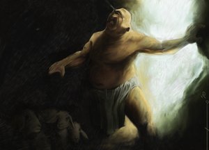 Odyssee of Homere: Cyclops Polypheme er blind av Ulysses i hulen hans. Illustrasjon av Alessandro Lonati. 2010 av Alessandro Lonati