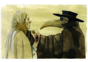 Pestlege iført en nebblignende maske som var fylt med aromatiske gjenstander foran et offer av Alessandro Lonati