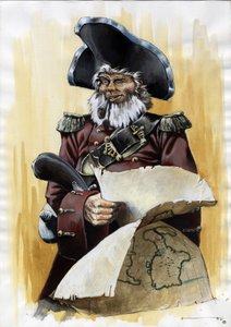 Portrett av en pirat (privatmann) eller sjømann iført en tricorn med et kart over skattmesteren i hendene. Fargetegning av Alessandro Lonati. av Alessandro Lonati