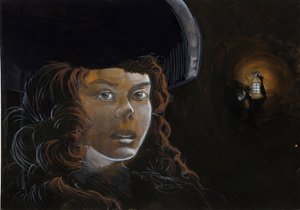 Portrett av en piratkvinne (privat) eller sjømann om natten, opplyst av en annen piratlykt. Fargetegning av Alessandro Lonati. av Alessandro Lonati