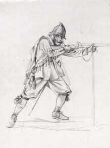 Portrett av en fartøyssoldat fra 1600-tallet som setter seg selv i skyteposisjon. Tegning av Alessandro Lonati. av Alessandro Lonati