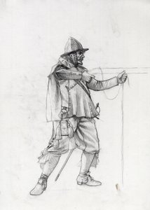 Portrett av en fartøyssoldat fra 1600-tallet som setter seg selv i skyteposisjon. Tegning av Alessandro Lonati. av Alessandro Lonati