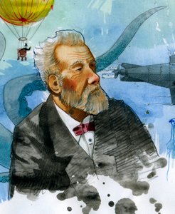 Portrett av den franske forfatteren Jules Verne (1828-1905) (Portrett av den franske forfatteren Jules Verne) Illustrasjon av Alessandro Lonati av Alessandro Lonati
