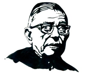 Portrett av den franske forfatteren, filosofen og dramatikeren Jean-Paul (Jean Paul) Sartre Tegning av Alessandro Lonati