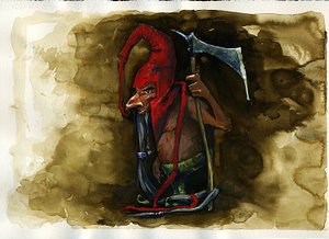 Representasjon av en Red Cap (Red Cap, Powrie eller Dunter, Red-Bonnet) legendarisk ondsinnet skapning fra Goblin-familien fra britisk folklore - (redcap, ondsinnet morderisk dverg, goblin, alv eller fe funnet i Border Folklore) Illustrasjon av Alessandro  av Alessandro Lonati