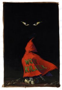 Revisited Little Red Riding Hood av Charles Perrault (1628-1703): Rødhetten vender mot øynene til ulven i mørket med en hagle gjemt under den røde frakken hans «Wolf Killer»». Tegning av Alessandro Lonati av Alessandro Lonati