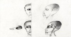 Science fiction-illustrasjon (science fiction): studie av ansiktet til et romvesen eller romvesen (romvesen eller romvesen) fra planeten Mars til erobringen av verdensrommet eller universet. Tegning av Alessandro Lonati av Alessandro Lonati