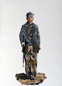 Andre verdenskrig: et medlem av den italienske motstanden (maquis eller gerilja, partisan) (Resistenza Italiana), iført en kamuflasjedrakt og våpen med maskingevær. 1943-1945. Illustrasjon av Alessandro Lonati av Alessandro Lonati