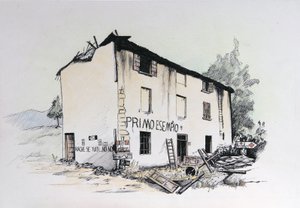 Andre verdenskrig: utsikt over et ødelagt hus i det okkuperte Italia. Tegning av Alessandro Lonati av Alessandro Lonati