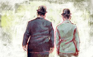 Stan Laurel og Oliver Hardy marsjerer mot horisonten (illustrasjon) av Alessandro Lonati