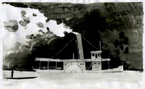 Dampskipsillustrasjon av den nye "" In the Heart of Darkness"" av Joseph Conrad. 2012 av Alessandro Lonati