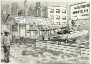 USA, New York: utsikt over sjøflyplassen med et sjøfly som venter på dekolering på 1950-tallet. Tegning av Alessandro Lonati av Alessandro Lonati